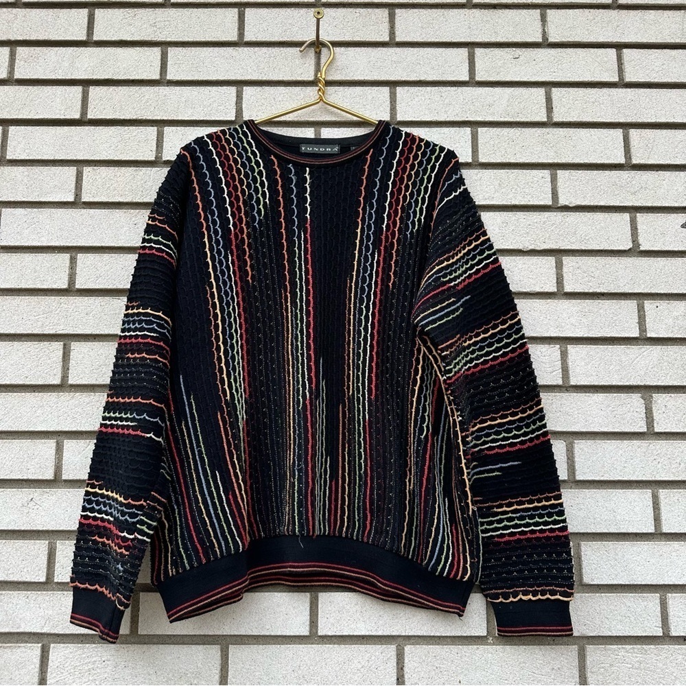 Vintage Tundra Canada 3D Knit Crewneck Sweater Multicolor Textured Cotton L